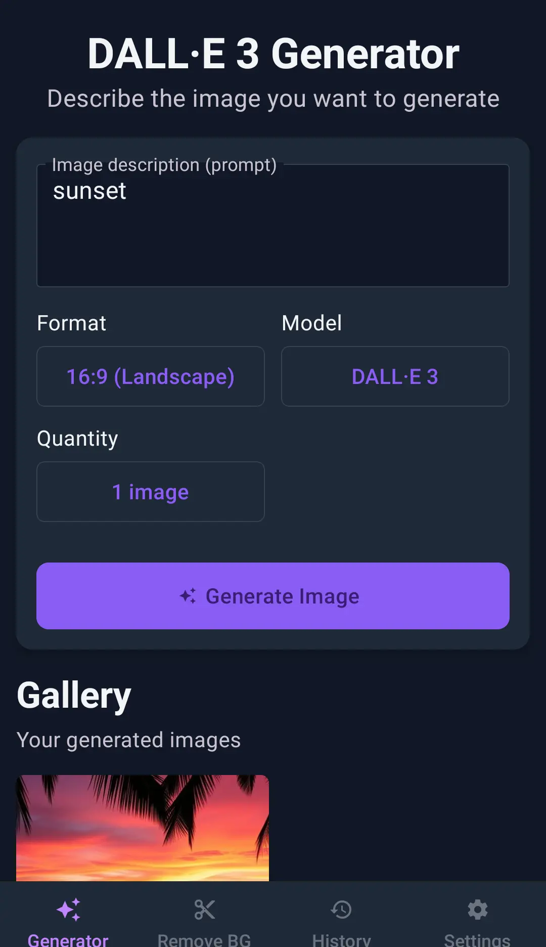 Prompt to image screen in Dallie 3 Generator